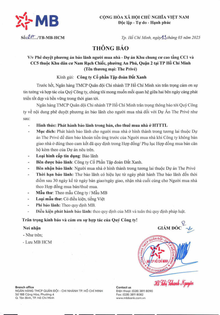 Bảo Lãnh Ngân Hàng Mb Bank Dự án The Privé